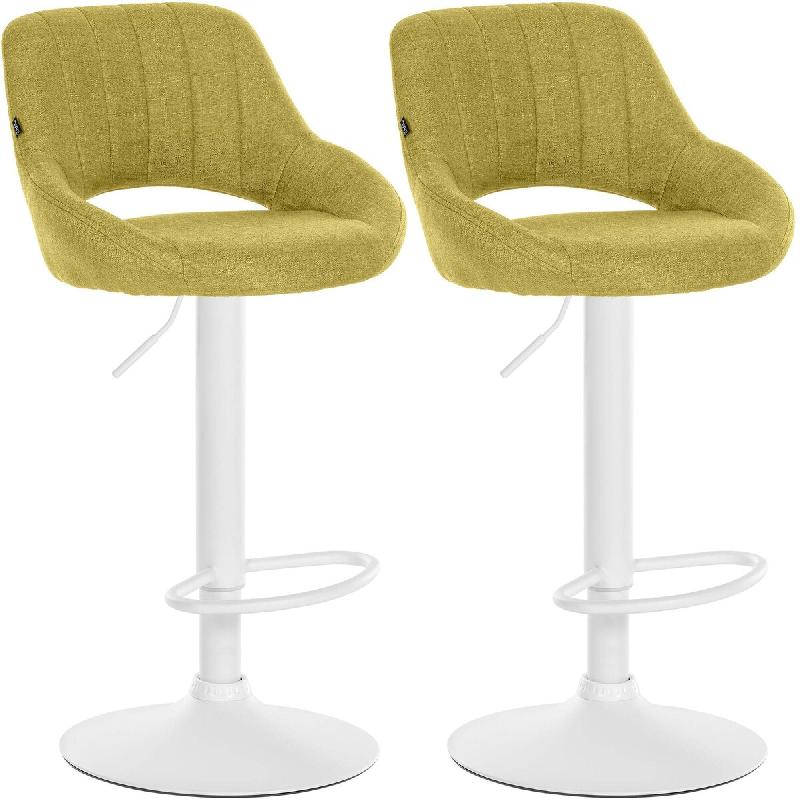 Décoshop26 - Lot de 2 tabourets de bar réglables en tissu vert dossier ajouré et pied métal blanc 10_0006541 - blanc métal 3000265627650_0