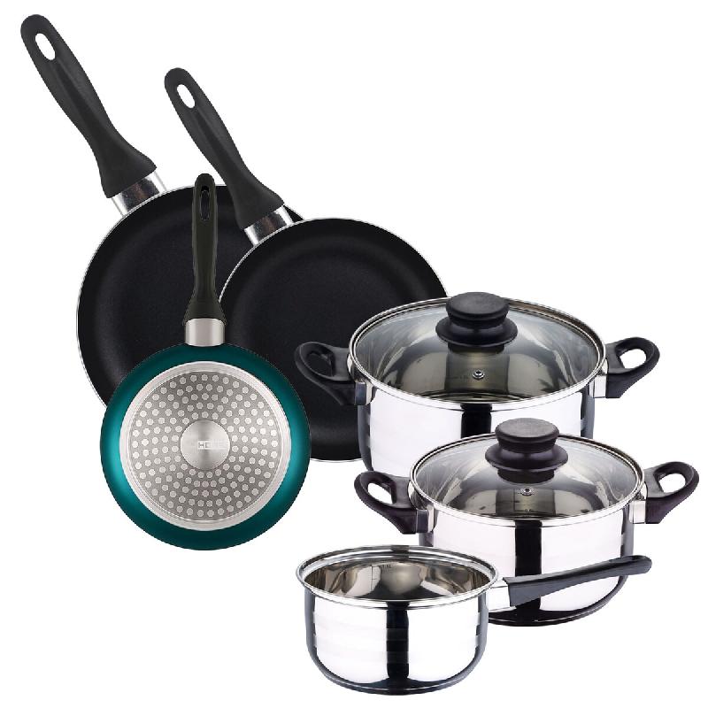 WellHome - Batterie de cuisine 5pcs en Acier Inoxydable avec Jeu de 3 Poêles Ø16/20/24cm Bleu métallisé en Aluminium Pressé - multi-matériau PK8192_0