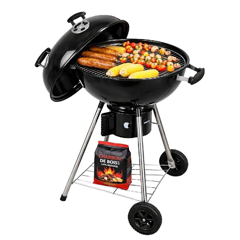 Barbecue à Charbon de Bois sur Trépied Ø57cm Grille Cuisson & Couvercle Thermostat Bac à cendres Barbecue rond 2 roues INTEC - noir acier 37015993_0