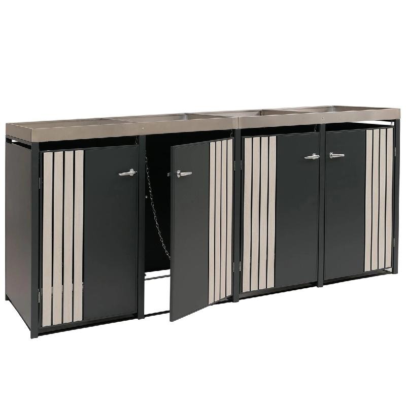 Décoshop26 - Abri pour 4 poubelles avec bac à plantes coffre poubelles 125 x 260 x 84 cm en métal anthracite aspect bois clair 04_0009314 - métal_0