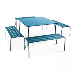 Oviala Business Ensemble table de terrasse carrée et 4 bancs en métal bleu pacific - bleu acier 106052_0