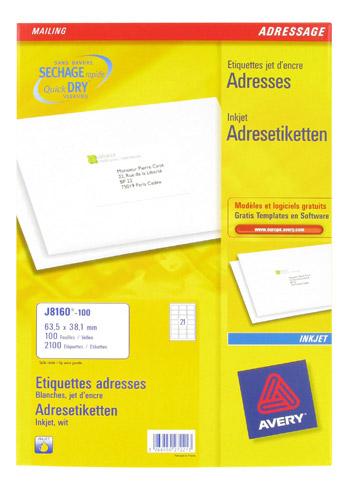 ETIQUETTE ADRESSE JET D'ENCRE 63,5 X 38,1 MM AVERY J8160-100 BLANCHE - BOÎTE DE 2100