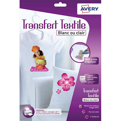 FEUILLES DE TRANSFERTS AVERY POUR T-SHIRT BLANC OU CLAIR - BOÎTE DE 8 FEUILLES