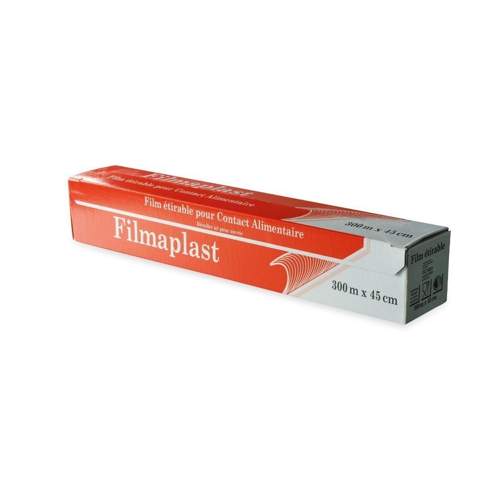 Film étirable alimentaire 45 cm x 300 m en boîte distributrice - PVC professionnel - résistant et simple d'utilisation_0