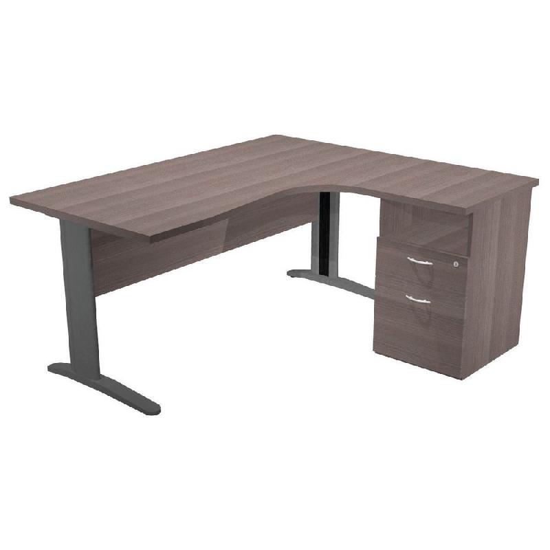 PACK PRONTO METAL - 1 BUREAU COMPACT RETOUR A DROITE CENDRE - PIEDS L ANTHRACITE  -  1 CAISSON HAUTEUR BUREAU PROF. 60 CM
