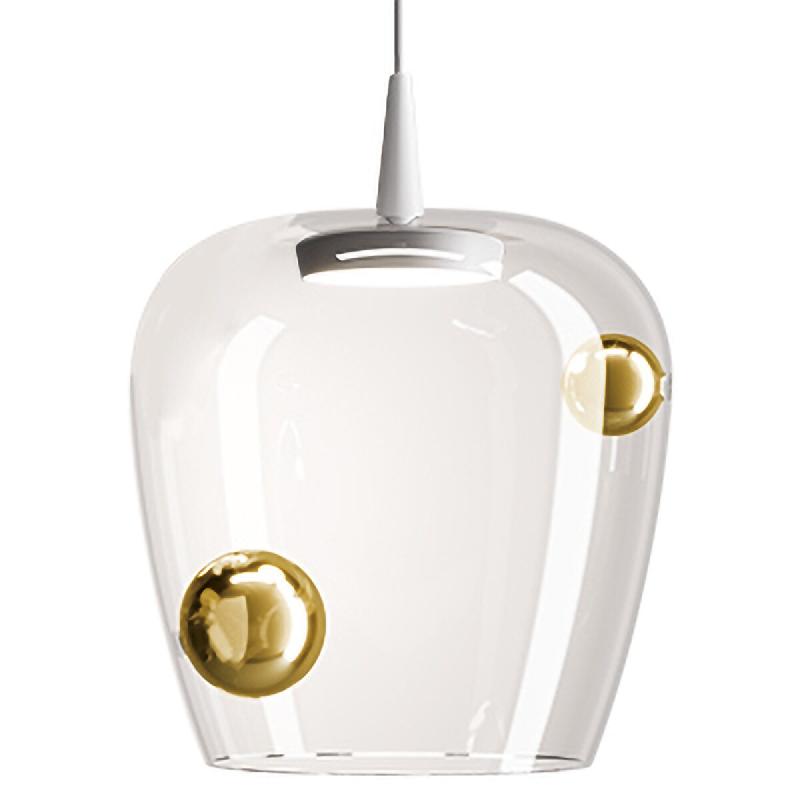 Zafferano Bilia Lampe à suspension LED 2700K 8W, design en cloche en verre borosilicate soufflé, finition Blanc et Or antique, diamètre 27cm - dor�_0