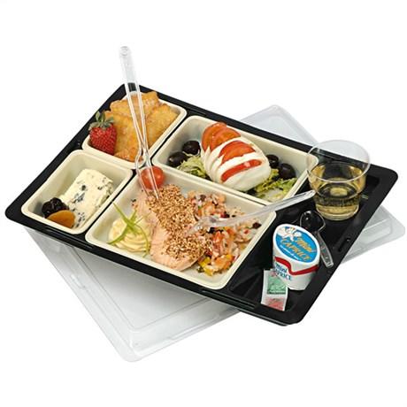 PLATEAU REPAS INCLUS 4 ASSIETTE + COUVERCLE 34.5X25.5X5 CM NOIR (VENDU PAR 25)