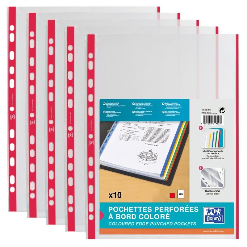 OXFORD Sachet de 10 Pochettes Perforées à Bande et Bords Colorés A4 Polypro Lisse Epaisseur 9/100ème Rouge - 3045050019227_0