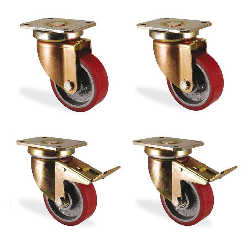 Lot De Roulettes Pivotantes Et à Frein - Diamètre 200mm, Polyuréthane Rouge, Neuf