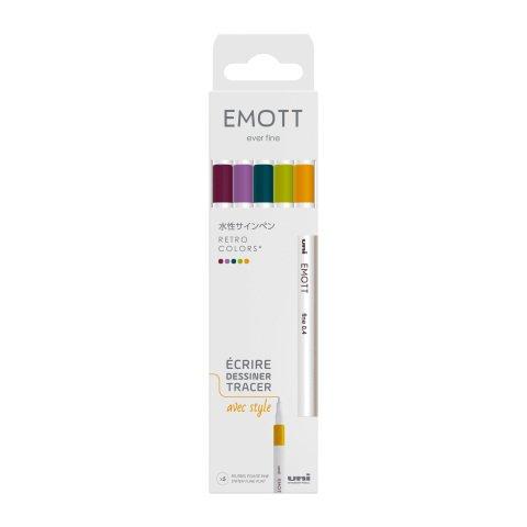 STYLO FEUTRE UNI BALL EMOTT RETRO COLORS ÉCRITURE FINE - POCHETTE DE 5 COULEURS ASSORTIES