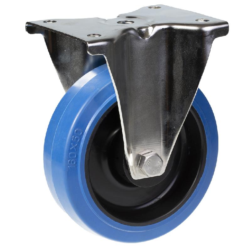 Roulette fixe en acier inoxydable de 160 mm avec roue centrale en nylon et caoutchouc élastique bleu_0