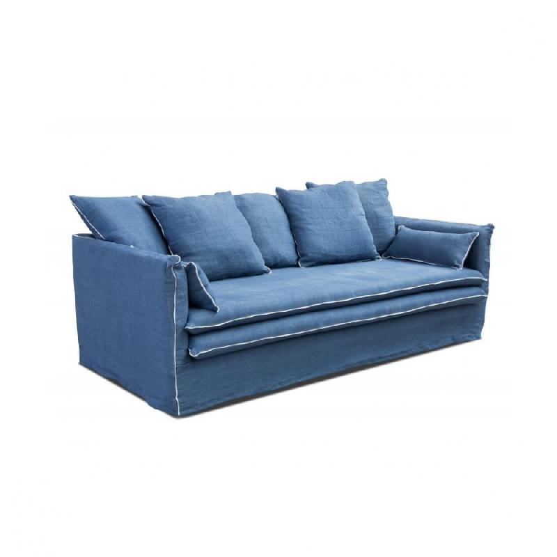 CARTAGENE - Canapé fixe 2 places en lin bleu déhoussable - 178 cm - Design épuré et haut de gamme_0