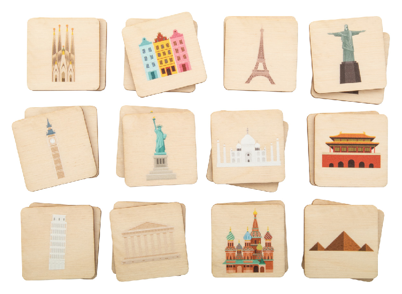 Jeu de memory en bois de bouleau laminé - 24 tuiles thématiques avec logo imprimé_0
