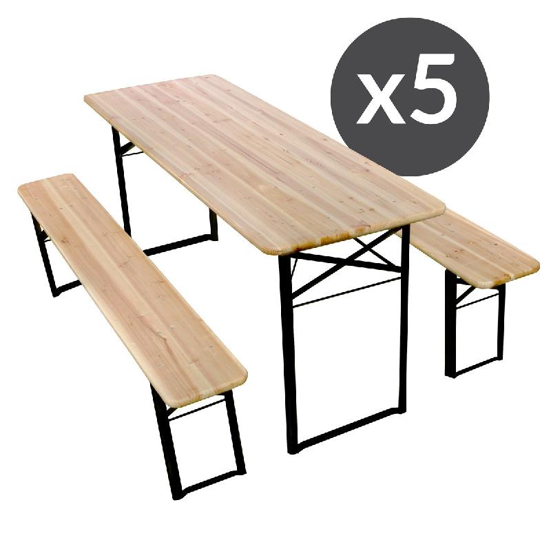 Table et bancs pliants en bois brasserie 220 cm - lot de 5 ensembles pour usage intérieur et extérieur_0