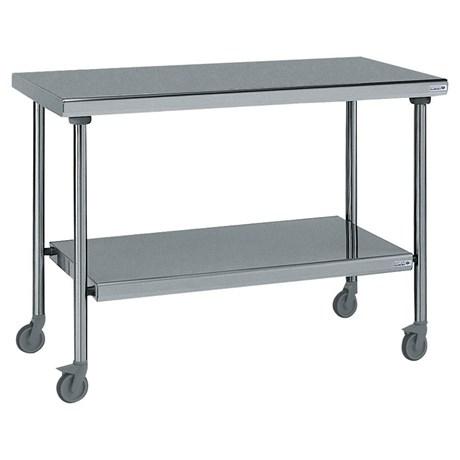 TABLE INOX CENTRALE SUR ROUES AVEC ÉTAGÈRE INFÉRIEURE FIXE LONGUEUR 1200 MM