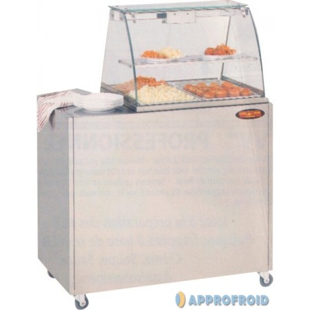 Bain-marie - Vitrine chauffante panoramique en acier inox avec meuble de soubassement mobile, capacité 2 ou 3 GN 1/1_0