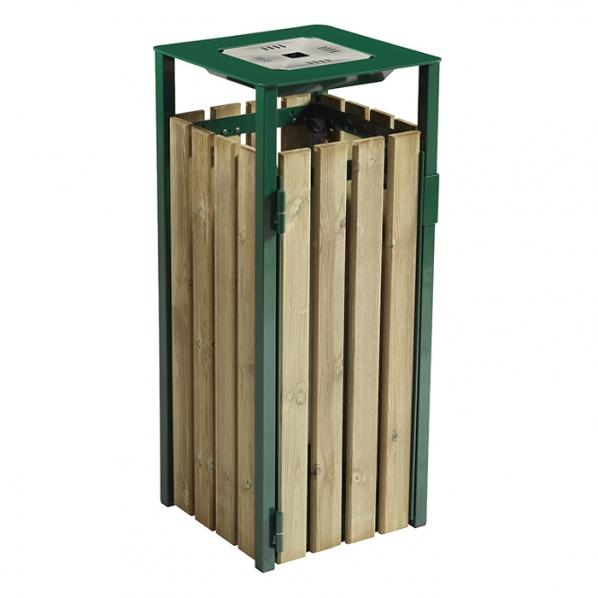Corbeille carrée EDEN 110 litres avec cendrier - Vert mousse - Lattes en bois résineux traité autoclave - Fabrication française_0