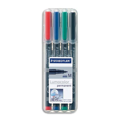 FEUTRE STAEDTLER LUMOCOLOR - MOYEN 1 MM - PERMANENT - POCHETTE DE 4 COLORIS ASSORTIS