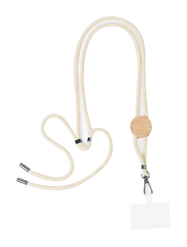 Tour de cou réglable en coton - support portable avec étiquette en bambou et mousqueton en métal_0
