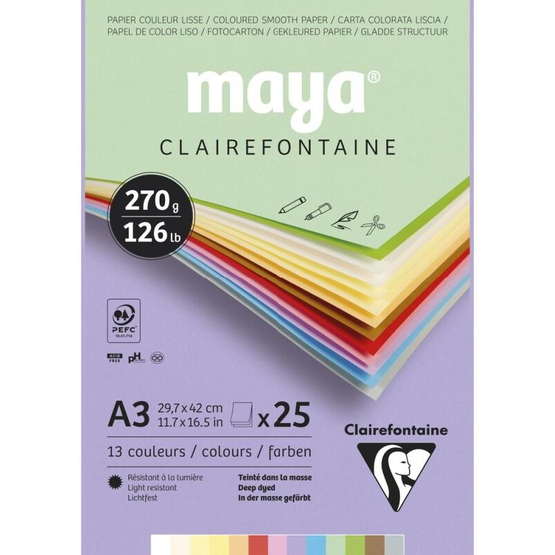 Clairefontaine Lot de 3 Bloc encollé de 25 feuilles de papier Maya, 270 g/m², A3, coloris assortis pastels - 3329689753371_0