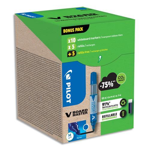 PACK VBOARD PILOT MASTER 10 MARQUEURS EFFAÇABLES ENCRE LIQUIDE +10 RECHARGES - POINTE OGIVE - COLORIS BLEU