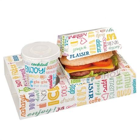 PLATEAU REPAS À EMPORTER 2 VERRES 2 REPAS PAROLE 450 G/M² 26X19X5 CM CARTON BLANC (VENDU PAR 200)