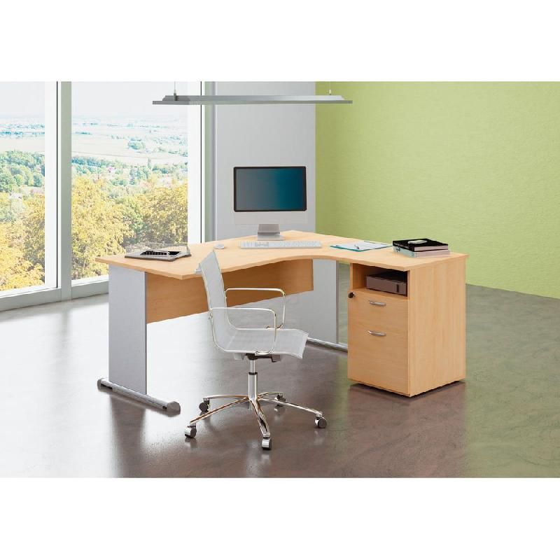 BUREAU COMPACT RETOUR À DROITE PRONTO HÊTRE - L. 160 X P. 143 CM - PLATEAU HÊTRE - PIEDS L ALUMINIUM