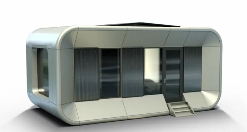 Studio futuriste préfabriqué en acier - ISK21 Pod, surface 21 m² avec chambre, bureau et salle de bain_0