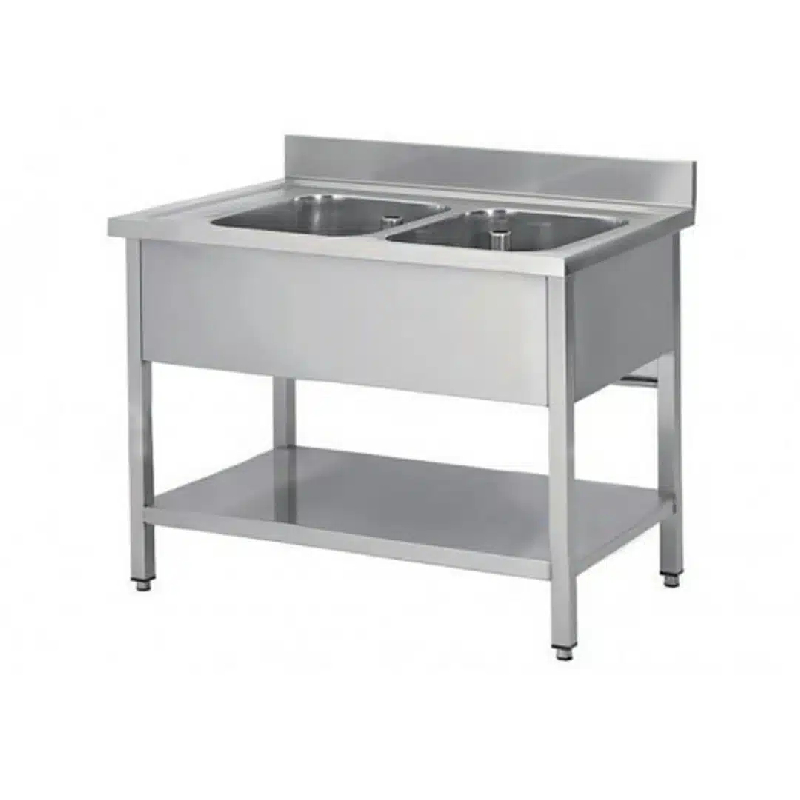 Plonge soudée sur pieds carrés avec étagère inox ferritique 2 bacs P 600 mm (Longueur, mm: 1200 - Réf F-SPL126-2B-ETP-1)_0