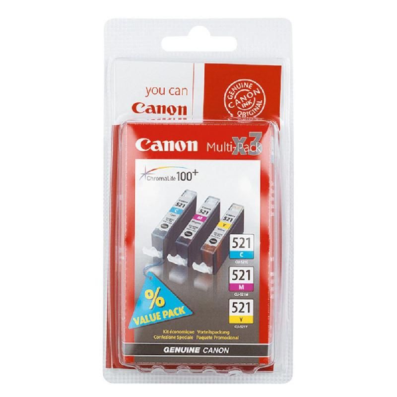 CANON CARTOUCHE D'ENCRE CLI-521 (2934B010) - CHROMALIFE100+ - MULTIPACK - COULEUR: CYAN, MAGENTA, JAUNE (LOT DE 3 CARTOUCHES)