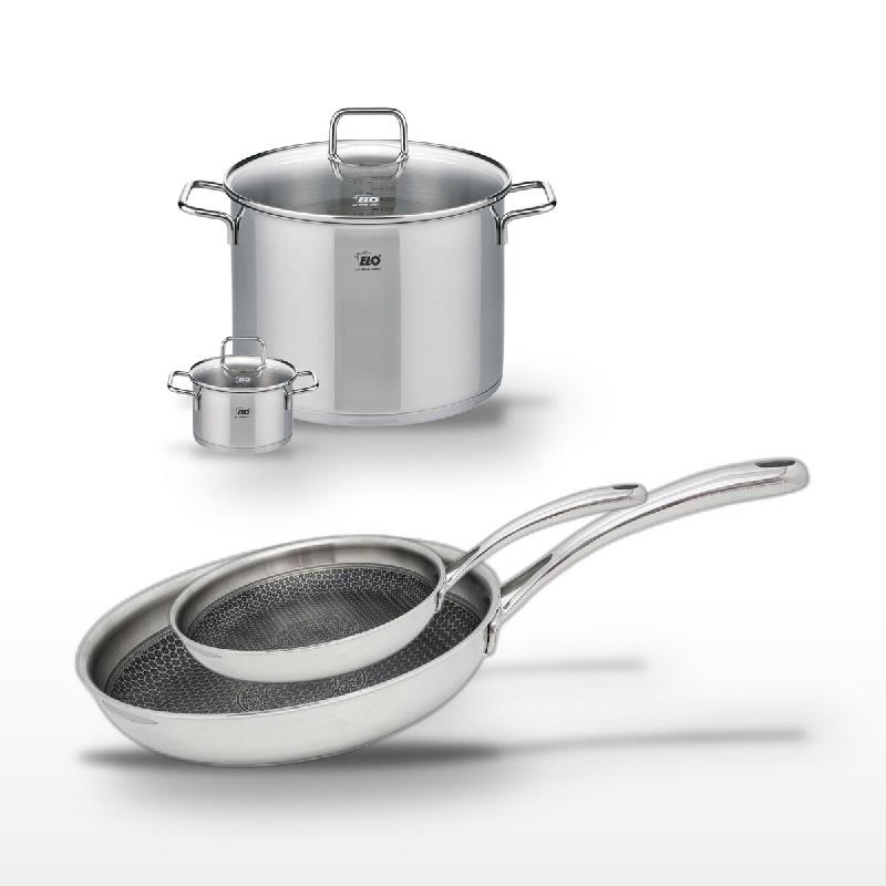 Lot Poêles 28cm & 24cm et Faitouts 26cm & 12cm Elo Relief Evolution - gris inox 3176239957037_0