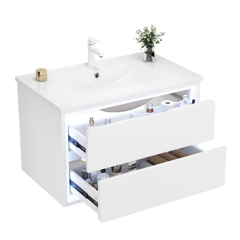 Merax vasque 76×46×48.5cm, meuble de salle de bain suspendu, finition entièrement laquée, LED, 2 tiroirs, vasque intégrée en céramique, blanc -_0