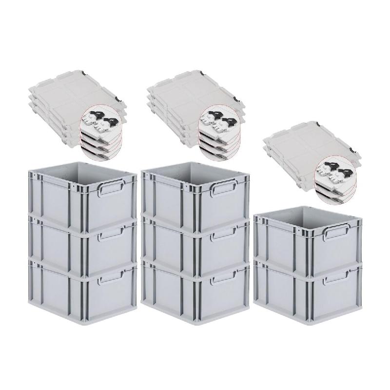 PROREGAL 8x Bac Euro NextGen Economy couvercle à charnières, fermetures à glissière noires, poignées fermées, 22x30x40cm, 20L - noir plastique R_0