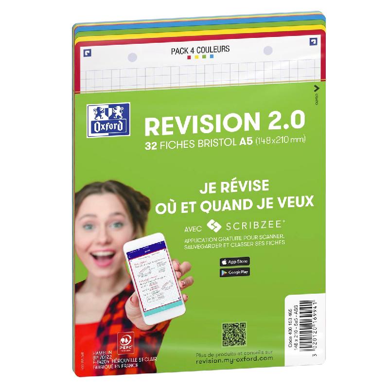 SACHET DE 32 FICHES BRISTOL REVISION OXFORD 2.0 PERFOREES A5 250G 5X5 ASSORTIS