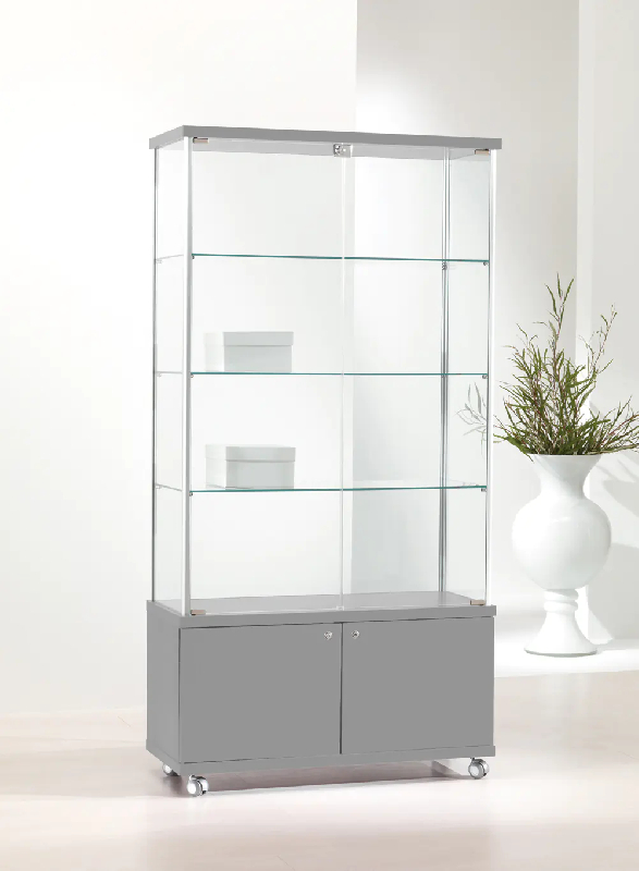 Vitrine armoire d'exposition 93-MAVA - gris clair - en verre avec serrure et roulettes_0