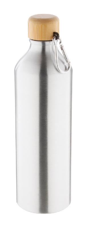 Bouteille en aluminium - 800 ml - couvercle en bambou avec mousqueton - couleur argenté_0