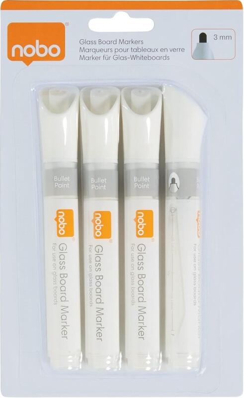 Nobo Blister de 4 marqueurs pour tableaux en verre, encre blanche - 5028252526098_0