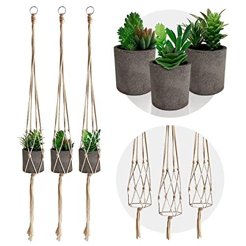 MAGICALE - Lot de 3 pots de fleurs suspendus extra-larges en macramé avec pots en béton - Plantes grasses artificielles incluses_0