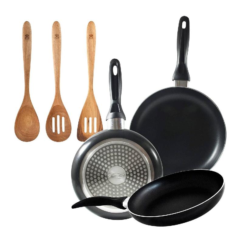 BERGNER - Jeu de 3 Poêles aluminium Pressé Ø16/20/24cm Compatible Induction Navy Black avec Set 3 pièces Ustensiles de Cuisine 32,8x33x7x1,4cm Xma_0