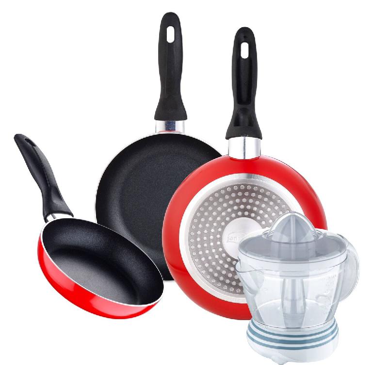 BERGNER - Jeu de 3 Poêles Ø16/Ø20/Ø24 cm en Aluminium Embouti Compatible Induction Navy Red avec Presse-agrumes NATURALLY 40 W 1,2 L - aluminium P_0
