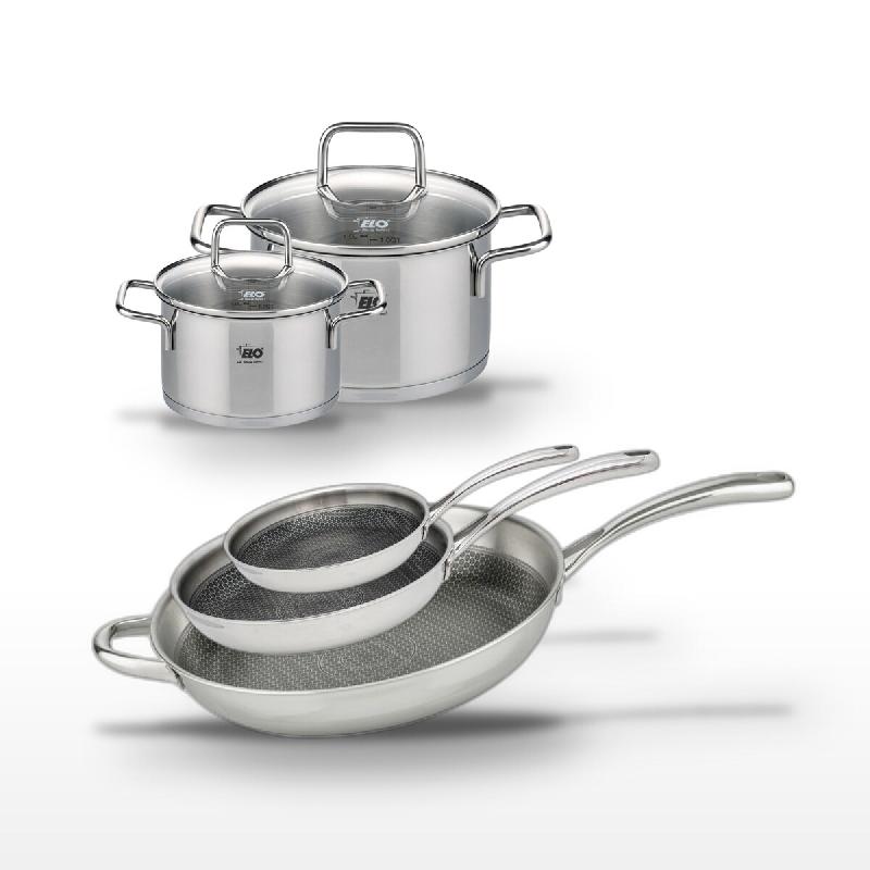 Lot de 3 Poêles 24/28/32cm Elo Relief Evolution et 2 Faitouts 12/16cm - gris inox 3176239955446_0