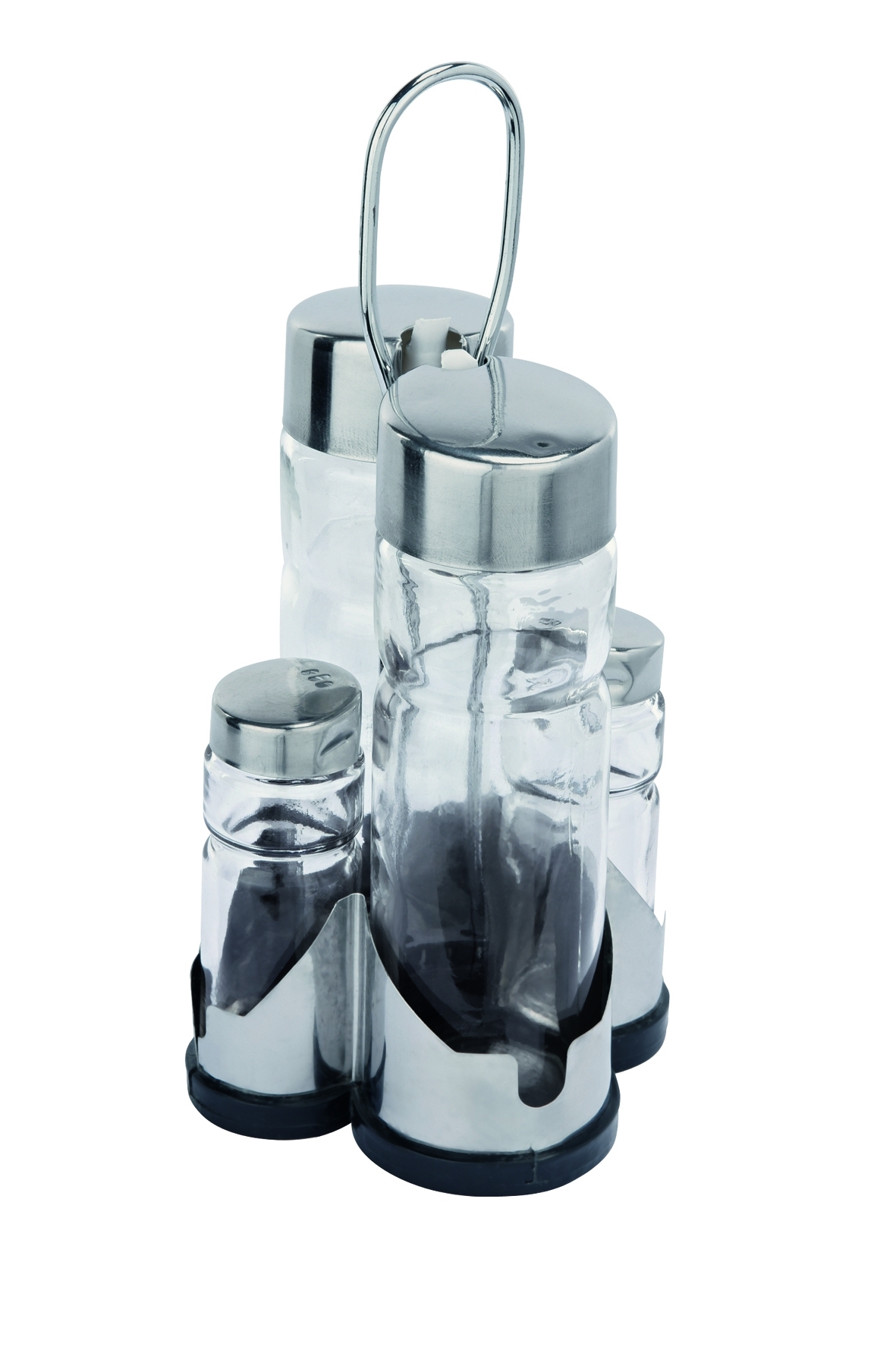 MÉNAGÈRE 4 PIÈCES, VINAIGRE + HUILE / SALIÈRE/POIVRIÈRE, PARTIE INFÉRIEURE EN PLASTIQUE