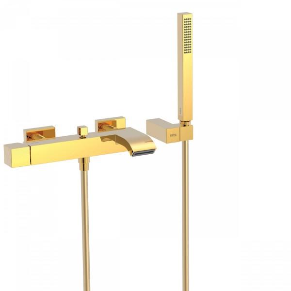 MITIGEUR BAIN AVEC CASCADE. DOUCHETTE À MAIN ANTICALCAIRE AVEC SUPPORT ORIENTABL - TRES 0071700203OR