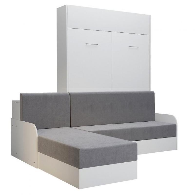 Lit escamotable Dynamo Sofa - canapé angle méridienne réversible avec accoudoirs - blanc et tissu gris - couchage 140x200 cm_0