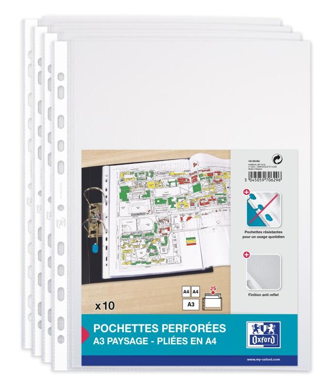 OXFORD Sachet de 10 Pochettes Perforées A3 Paysage Plié en A4 Polypro Grainé Epaisseur 9/100ème Incolore - 3045059706296_0