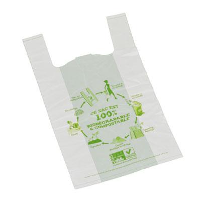 Sacs et sachets plastiques biodégradables à bretelles - Blanc, motif vert - L 26 x P 12 x H 45 cm - Compostables et conformes EN13432_0