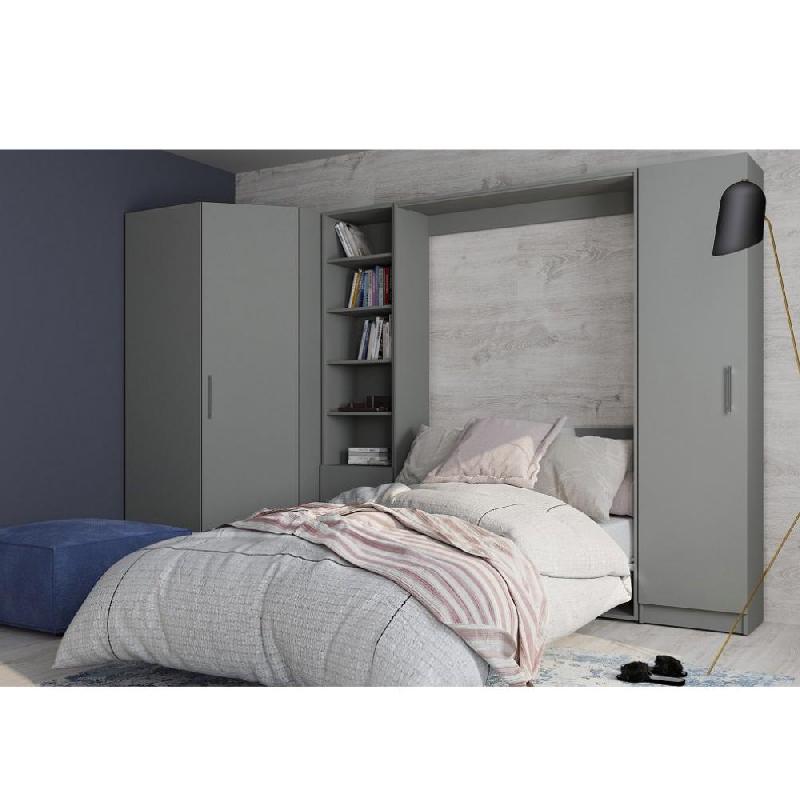 COMPOSITION ARMOIRE LIT ESCAMOTABLE SMART-V2 GRIS MAT COUCHAGE 140 X 200 CM  2 COLONNES RANGEMENTS + ANGLE_0