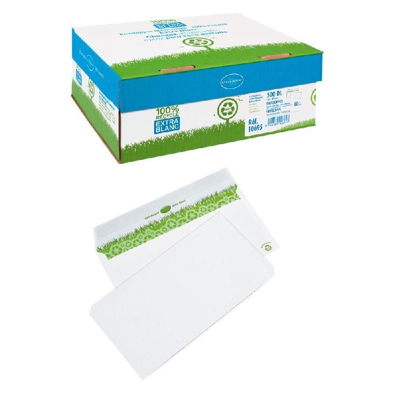 COURONNE ENVELOPPE BLANCHE 100% RECYCLÉ EXTRA BLANC - LA COURONNE -  - 110 X 220 MM - AUTOADHÉSIVE - SANS FENÊTRE - 80 G/M2 - BOÎTE DE 500