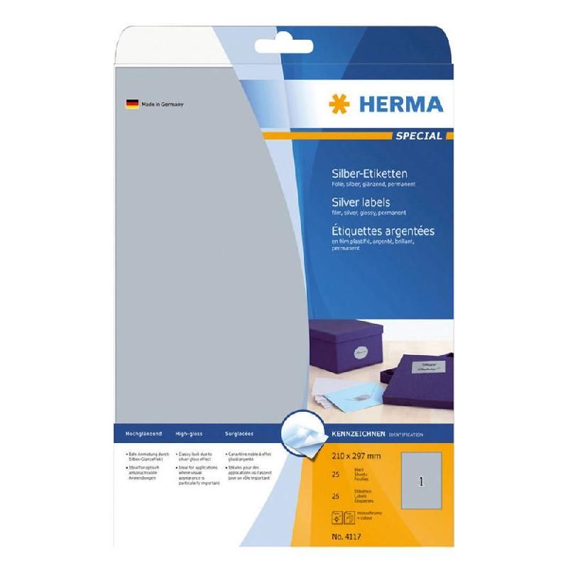 HERMA ETIQUETTES ULTRA-RÉSISTANTES HERMA - 210 X 297 MM - ARGENT - BOÎTE DE 25 ÉTIQUETTES