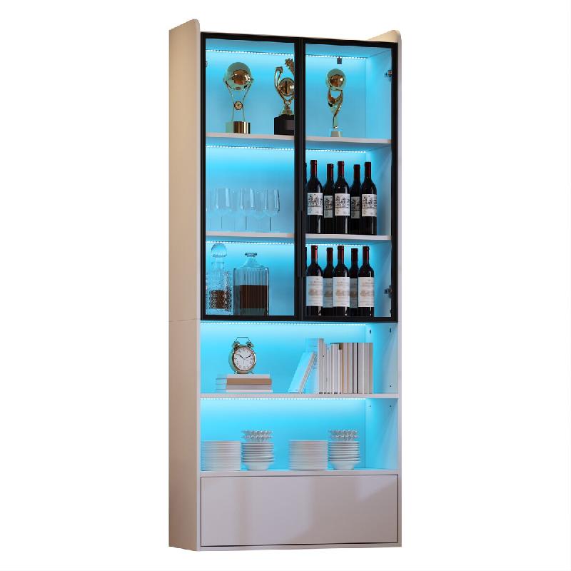 Merax Vitrine 80 x 34 x 180 cm, vitrine haute avec portes vitrées, éclairage LED, tiroir et 6 étagères de rangement, blanc brillant - blanc N625P3_0